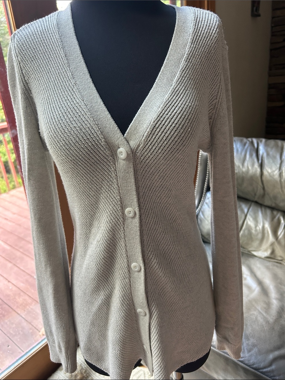 Cabi Women’s V-Neck Button Cardigan Sweater in Light Taupe